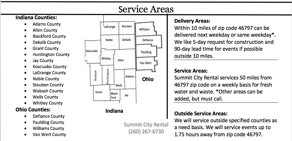 Portable restroom rental Fort Wayne map of service area.