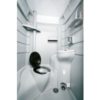 This step above porta potty rental has a flushable toilet, foot pump hand sink, and fully supplied items. Add this porta potty rental to your next special event. 